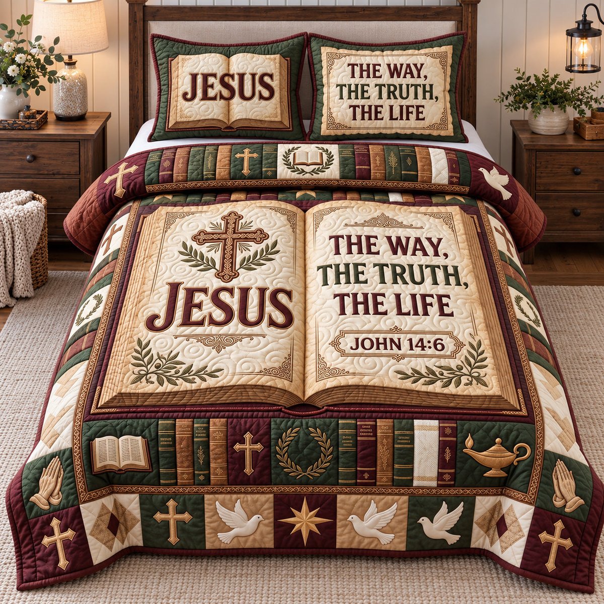 Christian Faith 3 Piece Quilted Bedding Set Gift For Christians
