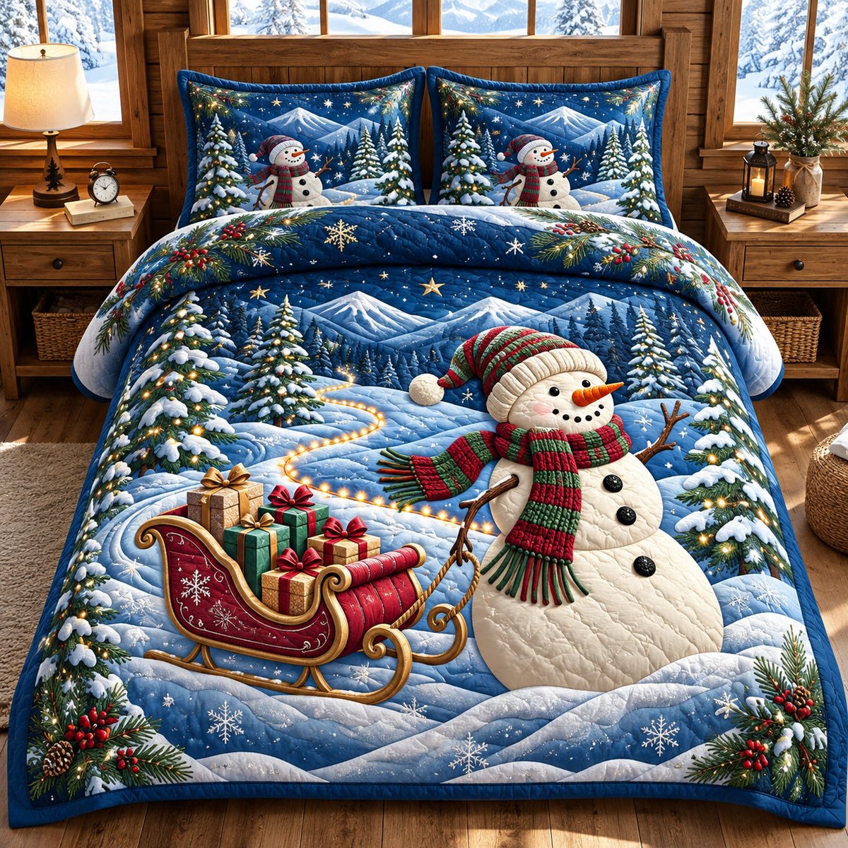 Snowman 3 Piece Quilted Bedding Set Christmas Gift For Holiday Decor Lovers