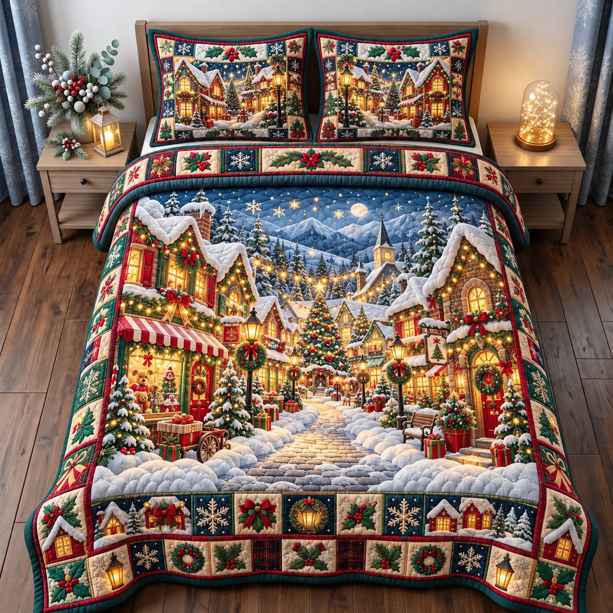 Village 3 Piece Quilted Bedding Set Christmas Gift For Holiday Decor Lovers