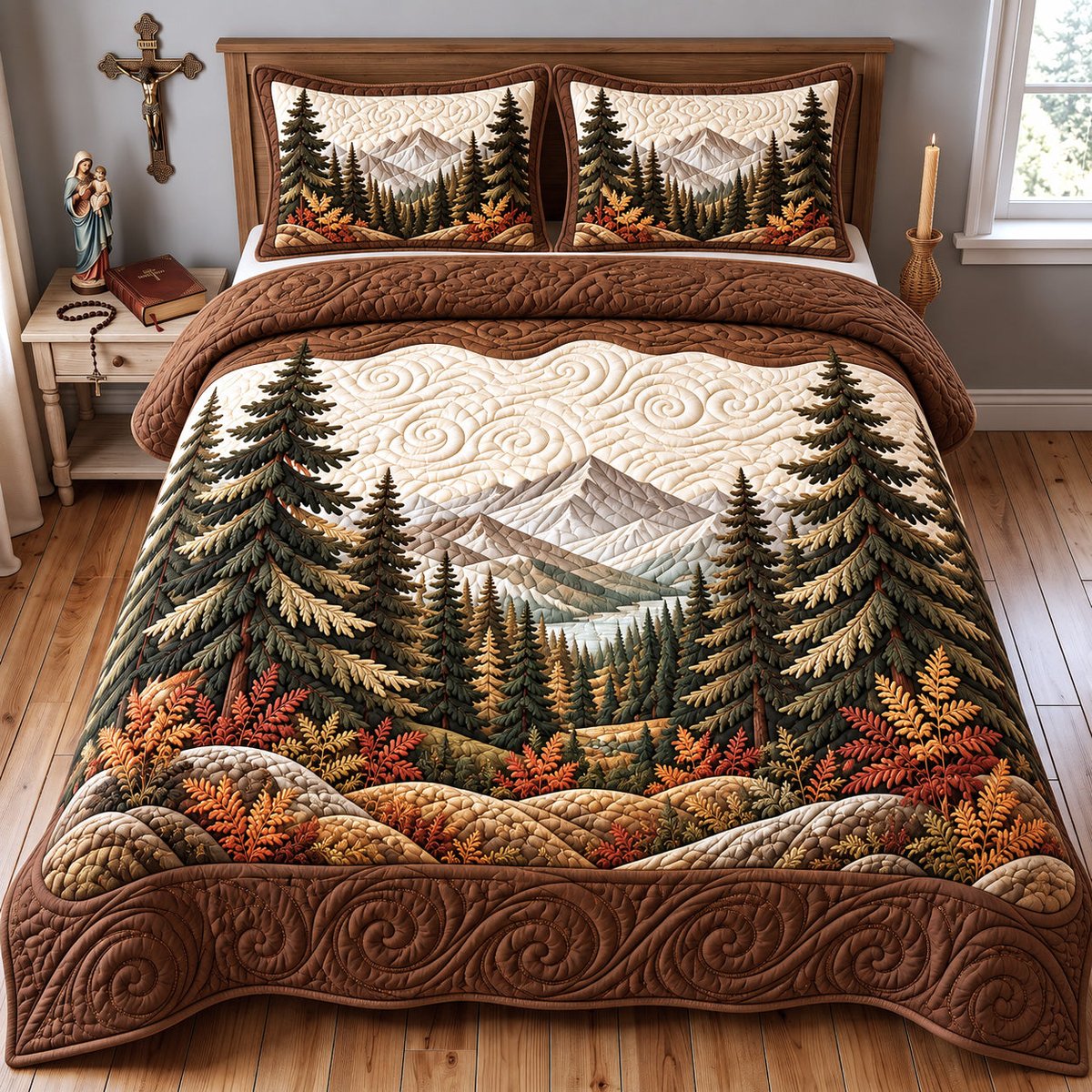 Rustic Mountain 3 Piece Quilted Bedding Set Gift For Nature Lovers