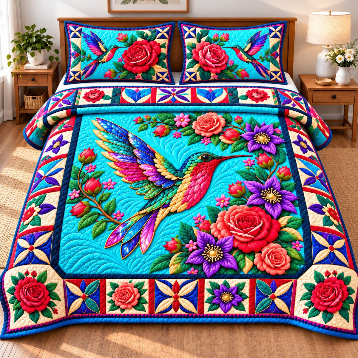 Hummingbird Garden Dance 3 Piece Quilted Bedding Set Gift For Bird Lovers