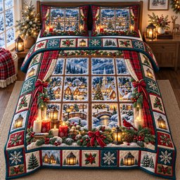 Village 3 Piece Quilted Bedding Set Christmas Gift For Holiday Decor Lovers