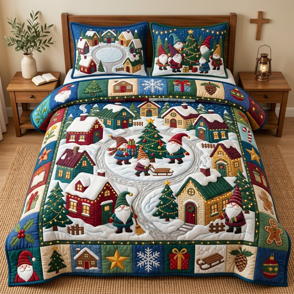 Gnome Village 3 Piece Quilted Bedding Set Christmas Gift For Holiday Decor Lovers