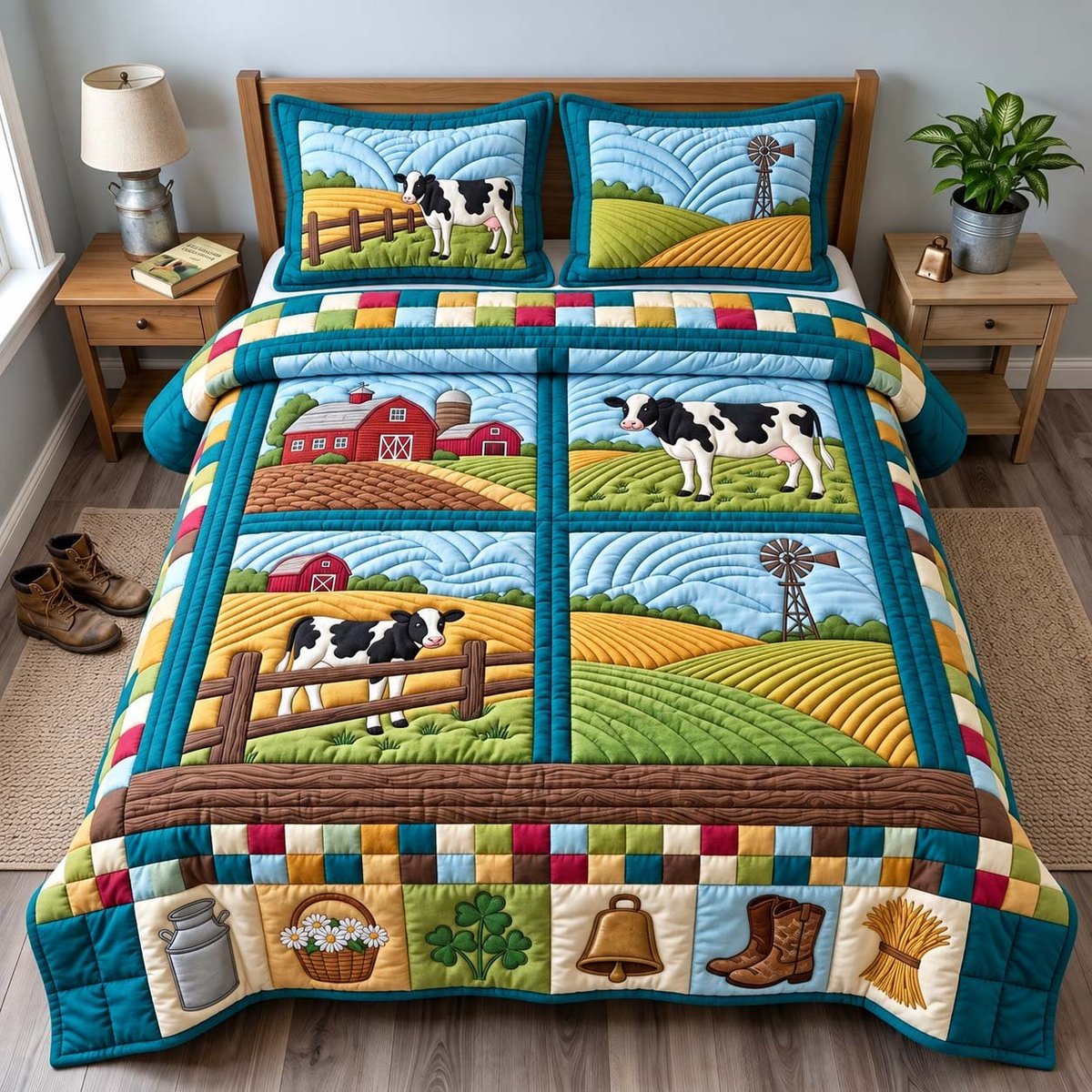 Rolling Farm Fields 3 Piece Quilted Bedding Set Gift For Farmhouse Decor Lovers