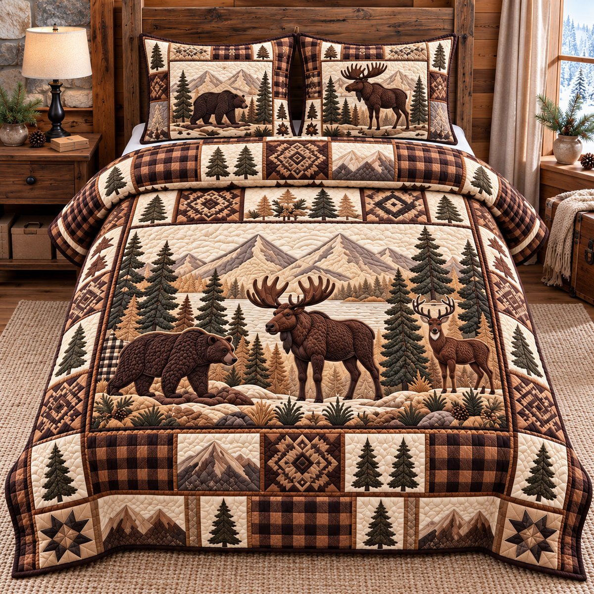 Forest Patchwork 3 Piece Quilted Bedding Set Gift For Nature Lovers