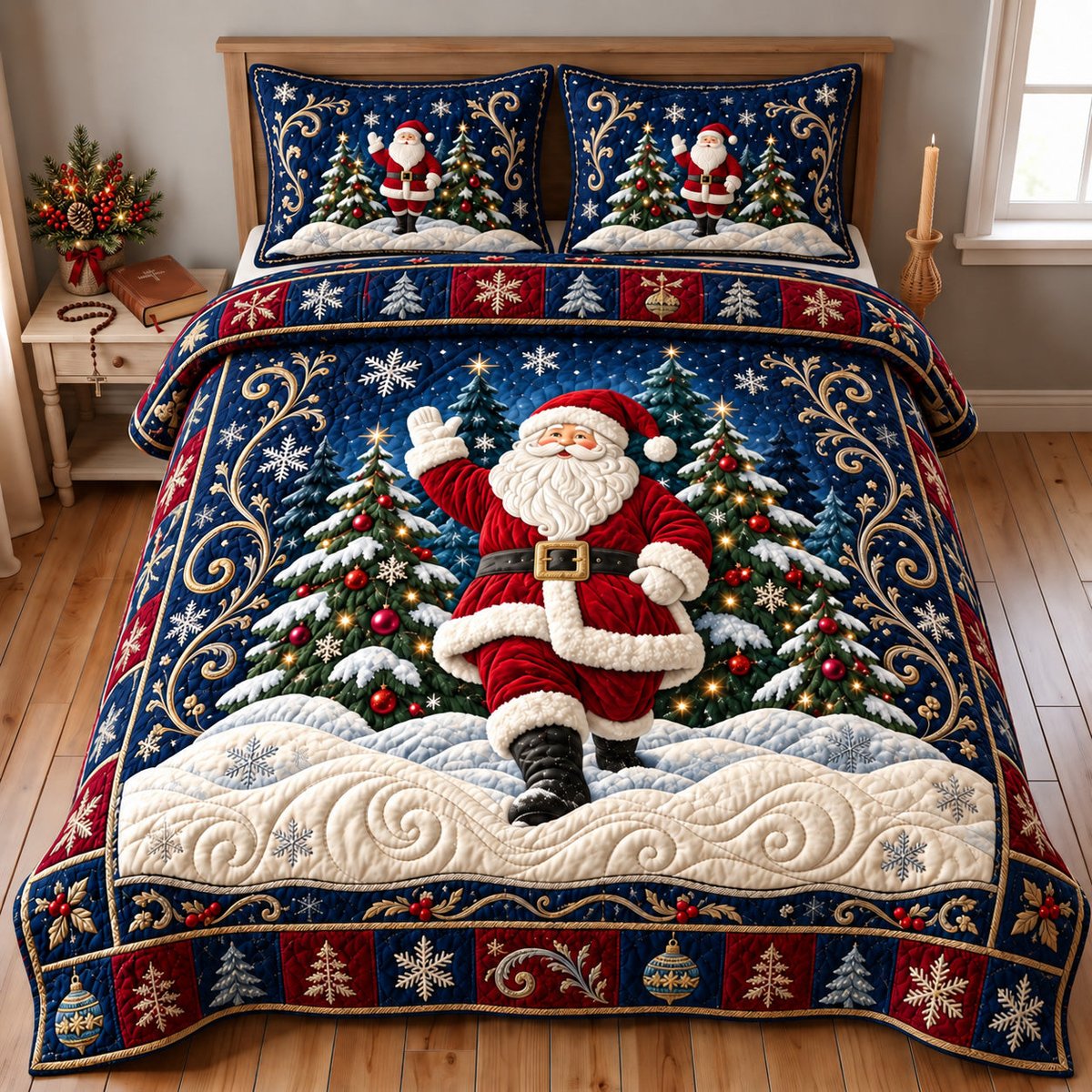 Midnight Santa 3 Piece Quilted Bedding Set Christmas Gift For Holiday Decor Lovers