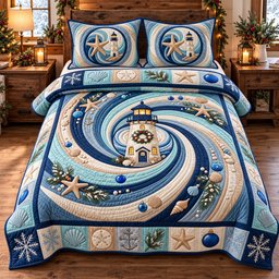 Coastal Winter Lighthouse 3 Piece Quilted Bedding Set Christmas Gift For Beach Lovers