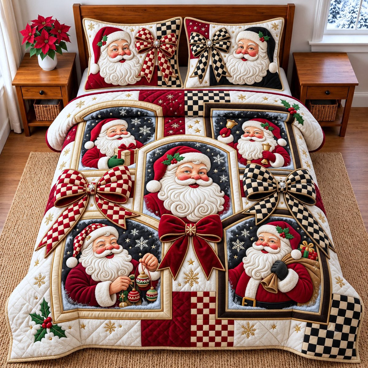 Santa Patchwork 3 Piece Quilted Bedding Set Christmas Gift For Holiday Decor Lovers