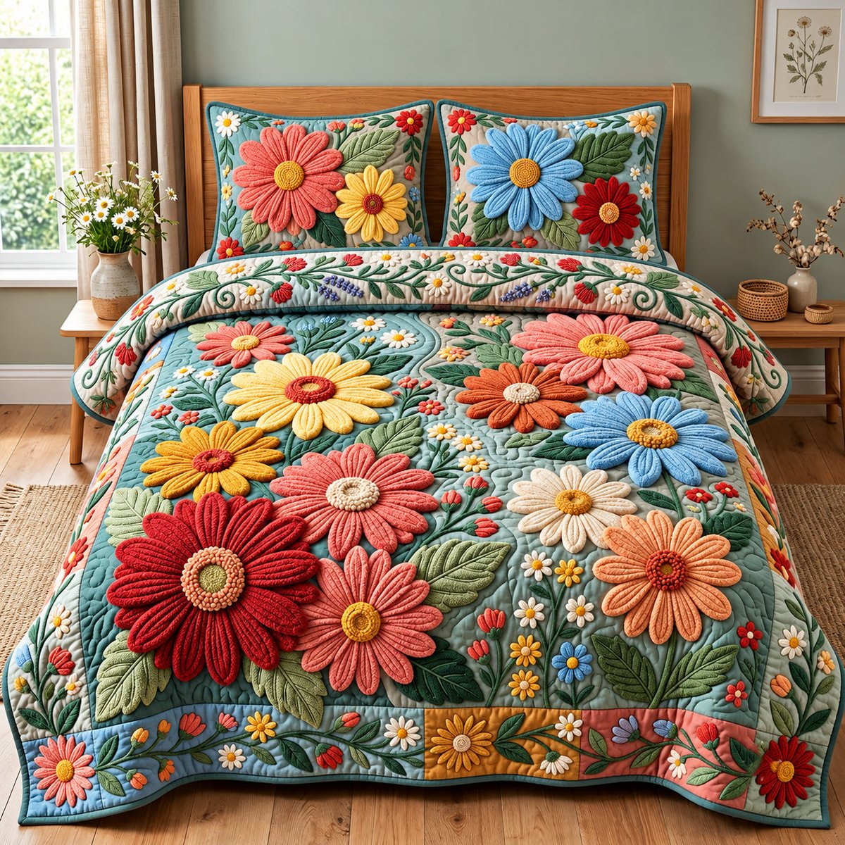 Daisy Patchwork 3 Piece Quilted Bedding Set Gift For Flower Lovers