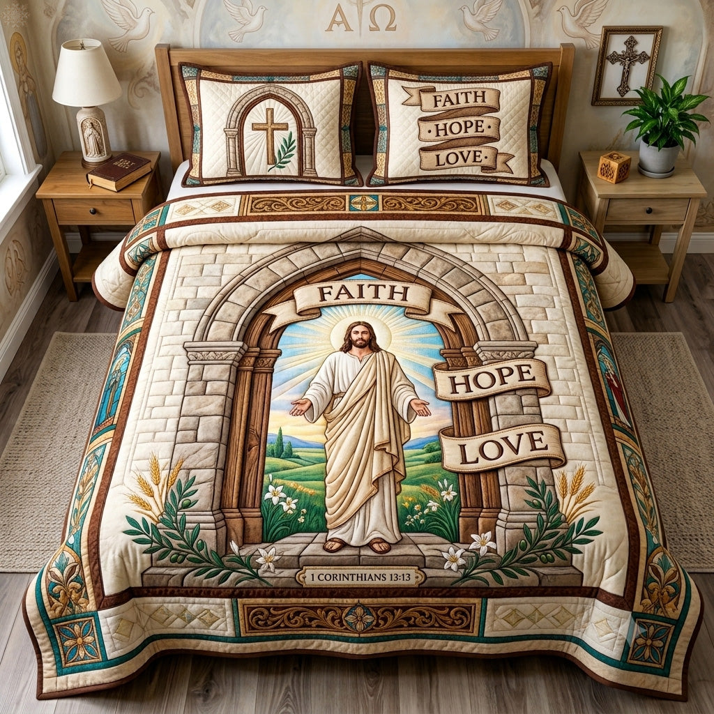 Faith Hope Love 3 Piece Quilted Bedding Set Gift For Christians