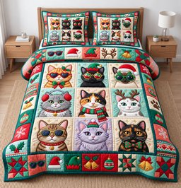 Festive Cat 3 Piece Quilted Bedding Set Christmas Gift For Cat Lovers