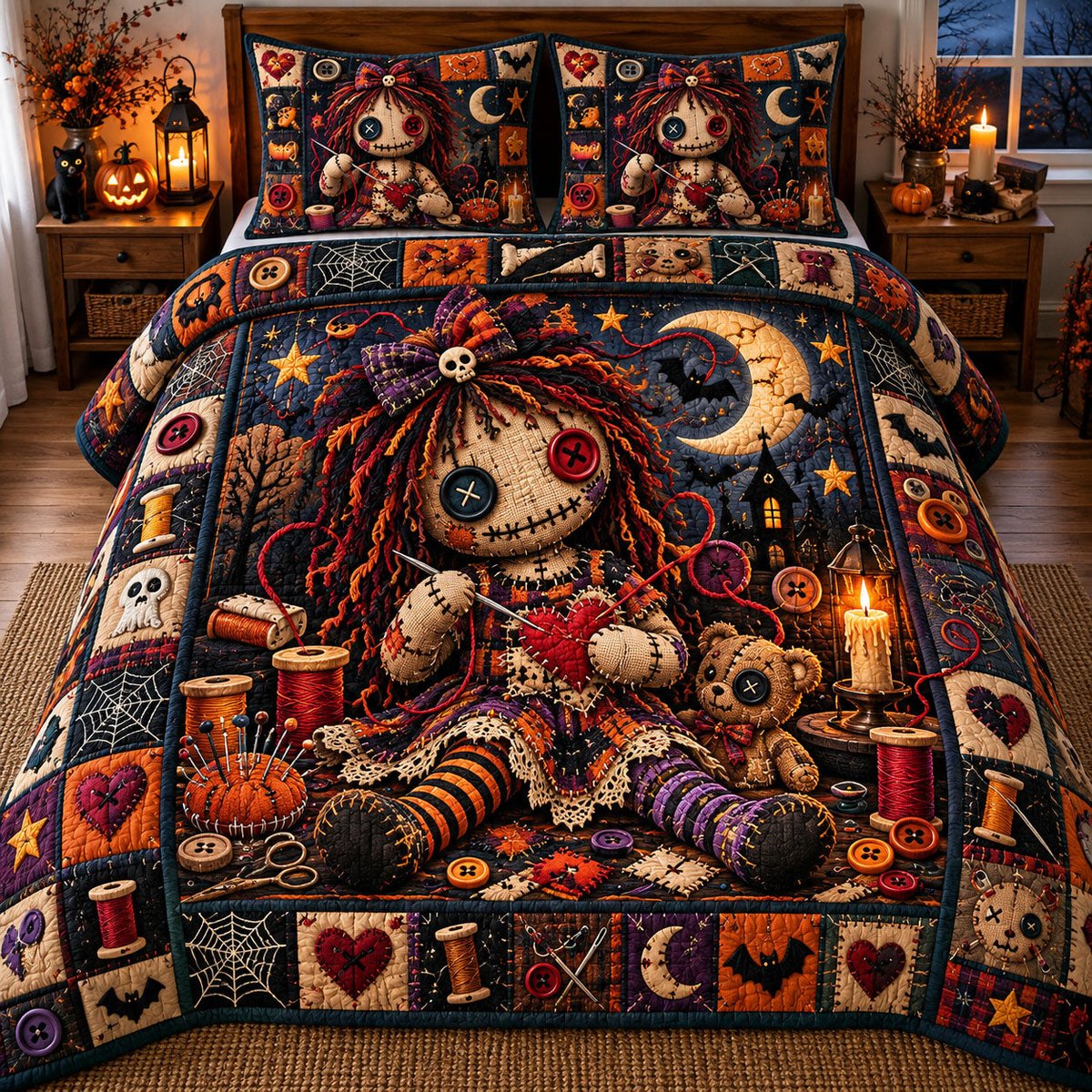 Voodoo Doll 3 Piece Quilted Bedding Set Gift For Gothic Decor Lovers