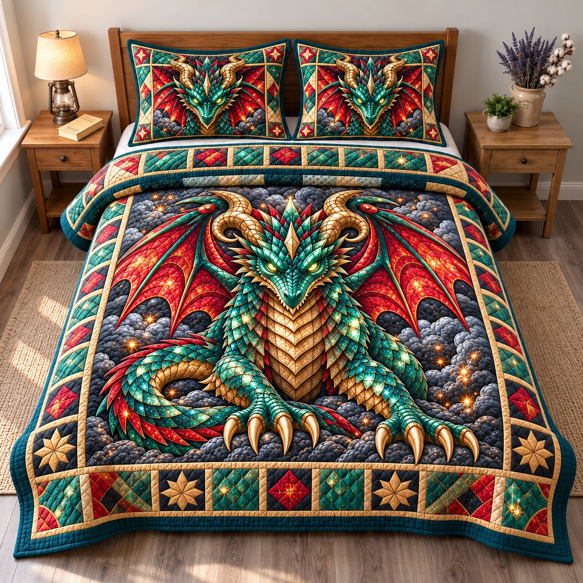 Dragon Mythic Adventure 3 Piece Quilted Bedding Set Gift For Fantasy Lovers
