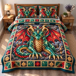 Dragon Mythic Adventure 3 Piece Quilted Bedding Set Gift For Fantasy Lovers