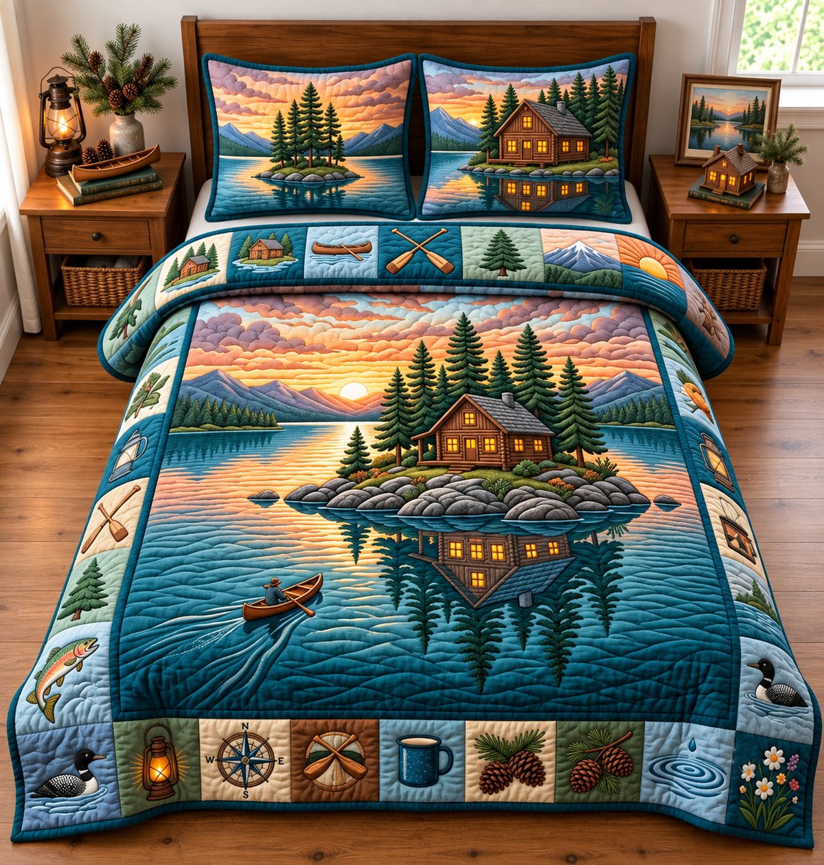 Sunset Lake 3 Piece Quilted Bedding Set Gift For Nature Lovers