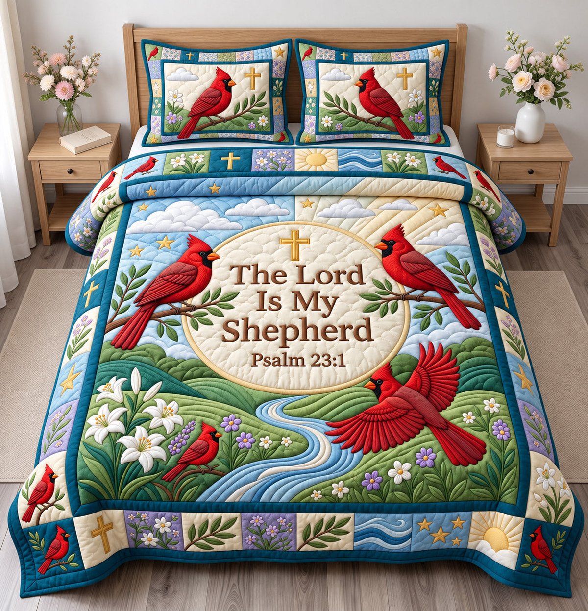 Cardinal Christian 3 Piece Quilted Bedding Set Gift For Bird Lovers