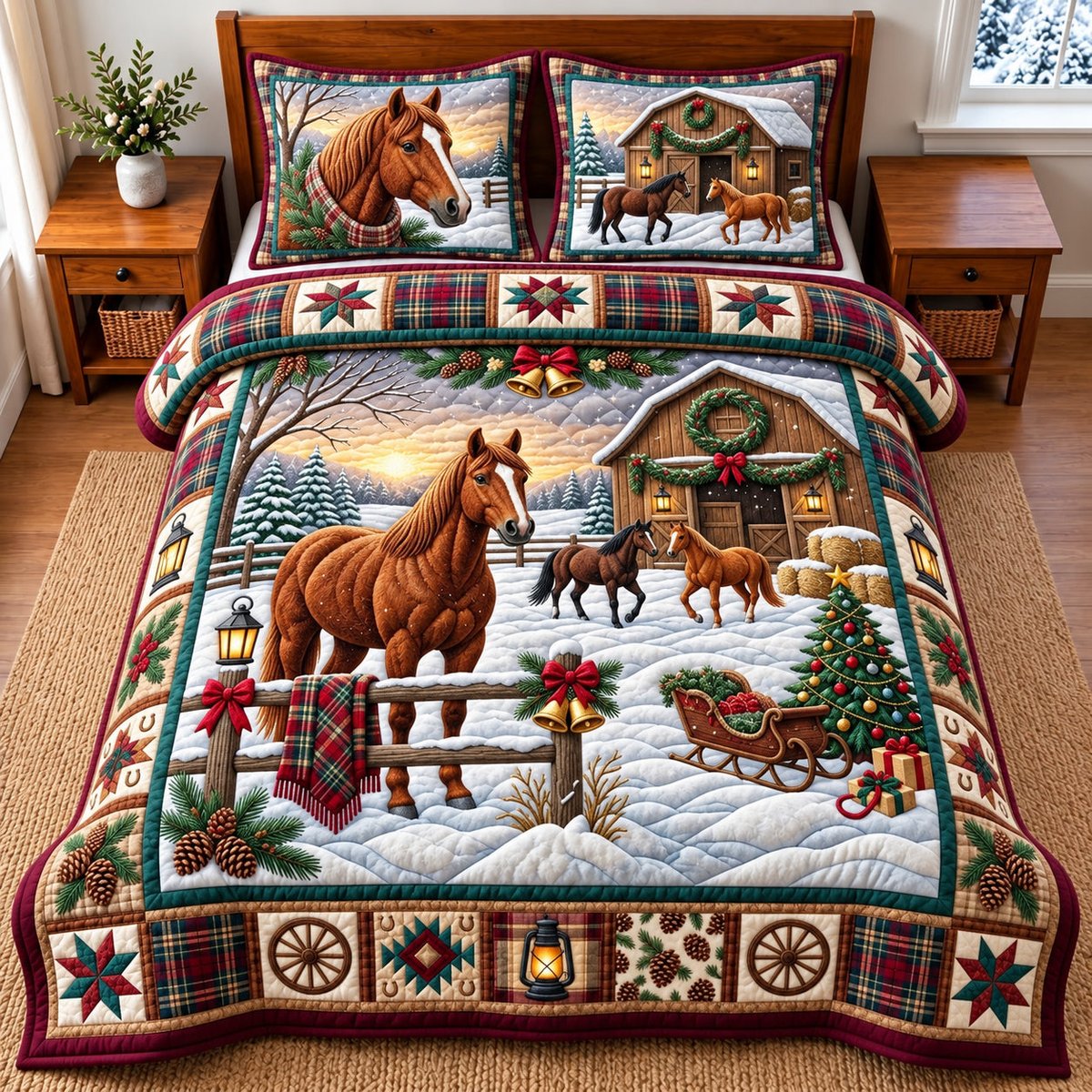 Farm Horse 3 Piece Quilted Bedding Set Gift For Horse Lovers