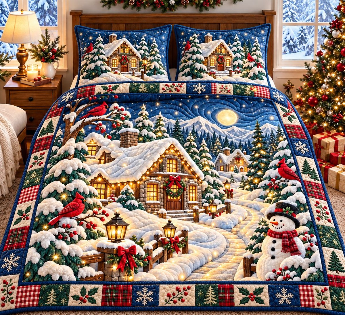 Cardinal Snow Cottage 3 Piece Quilted Bedding Set Gift For Bird Lovers