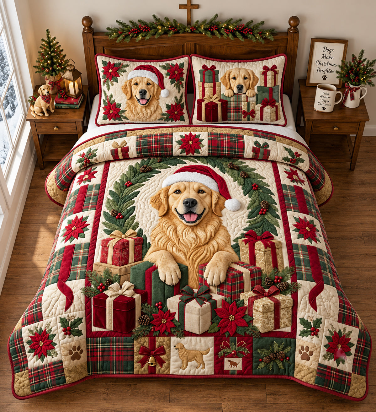 Golden Presents 3 Piece Quilted Bedding Set Christmas Gift For Holiday Decor Lovers