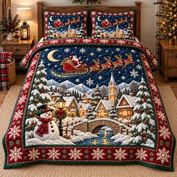 Village 3 Piece Quilted Bedding Set Christmas Gift For Holiday Decor Lovers