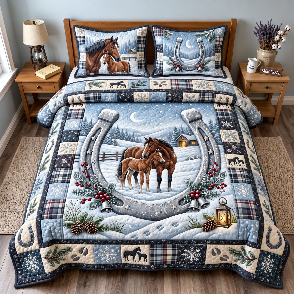 Winter Horse 3 Piece Quilted Bedding Set Christmas Gift For Horse Lovers