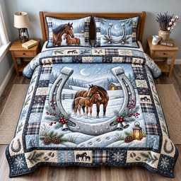 Winter Horse 3 Piece Quilted Bedding Set Christmas Gift For Horse Lovers