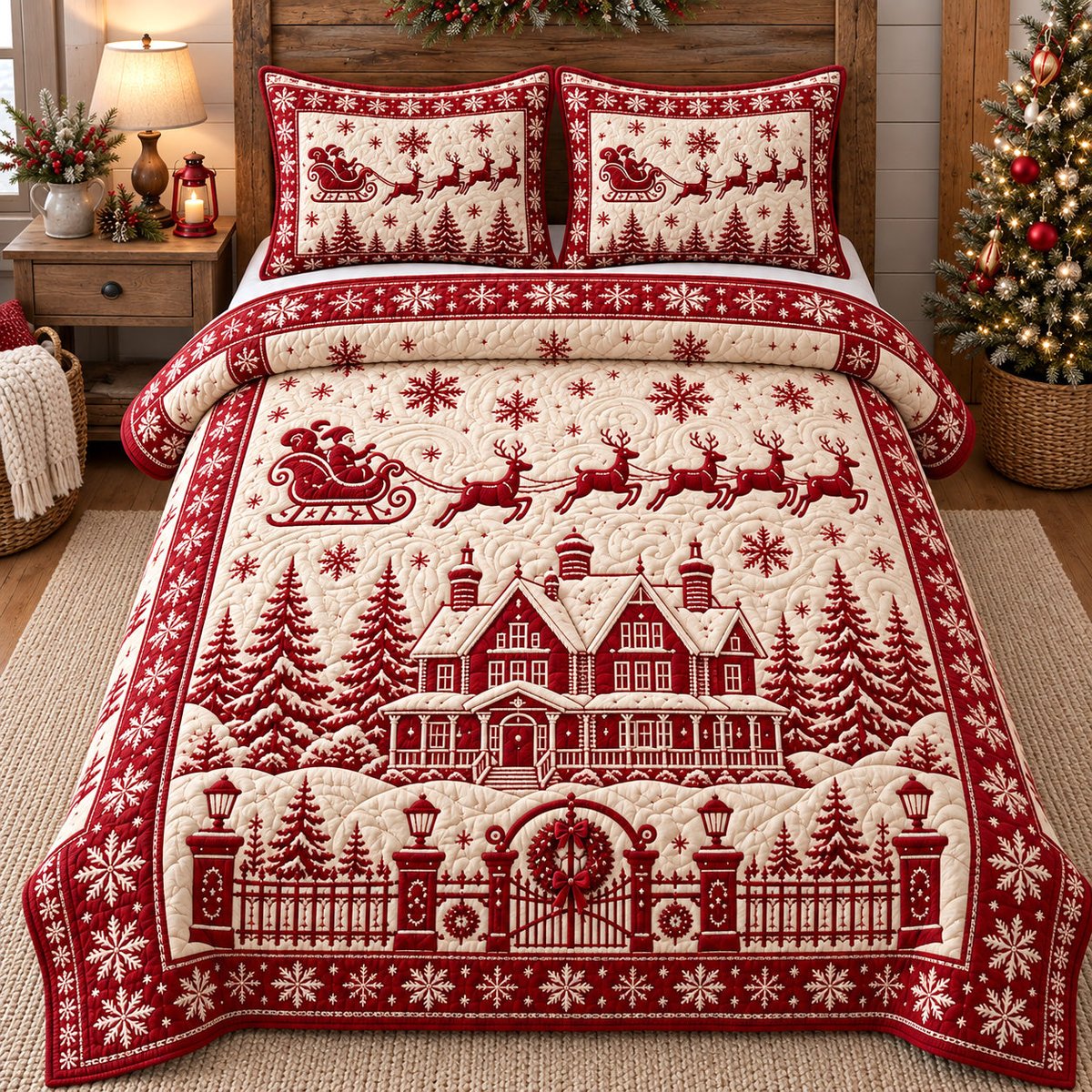Merry Red 3 Piece Quilted Bedding Set Christmas Gift For Holiday Decor Lovers