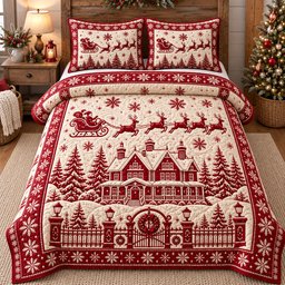 Merry Red 3 Piece Quilted Bedding Set Christmas Gift For Holiday Decor Lovers