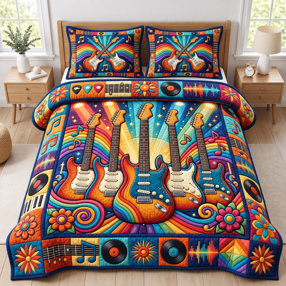 Guitar Lover 3 Piece Quilted Bedding Set Gift For Music Lovers