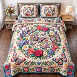 Butterfly Patchwork 3 Piece Quilted Bedding Set Gift For Butterfly Lovers