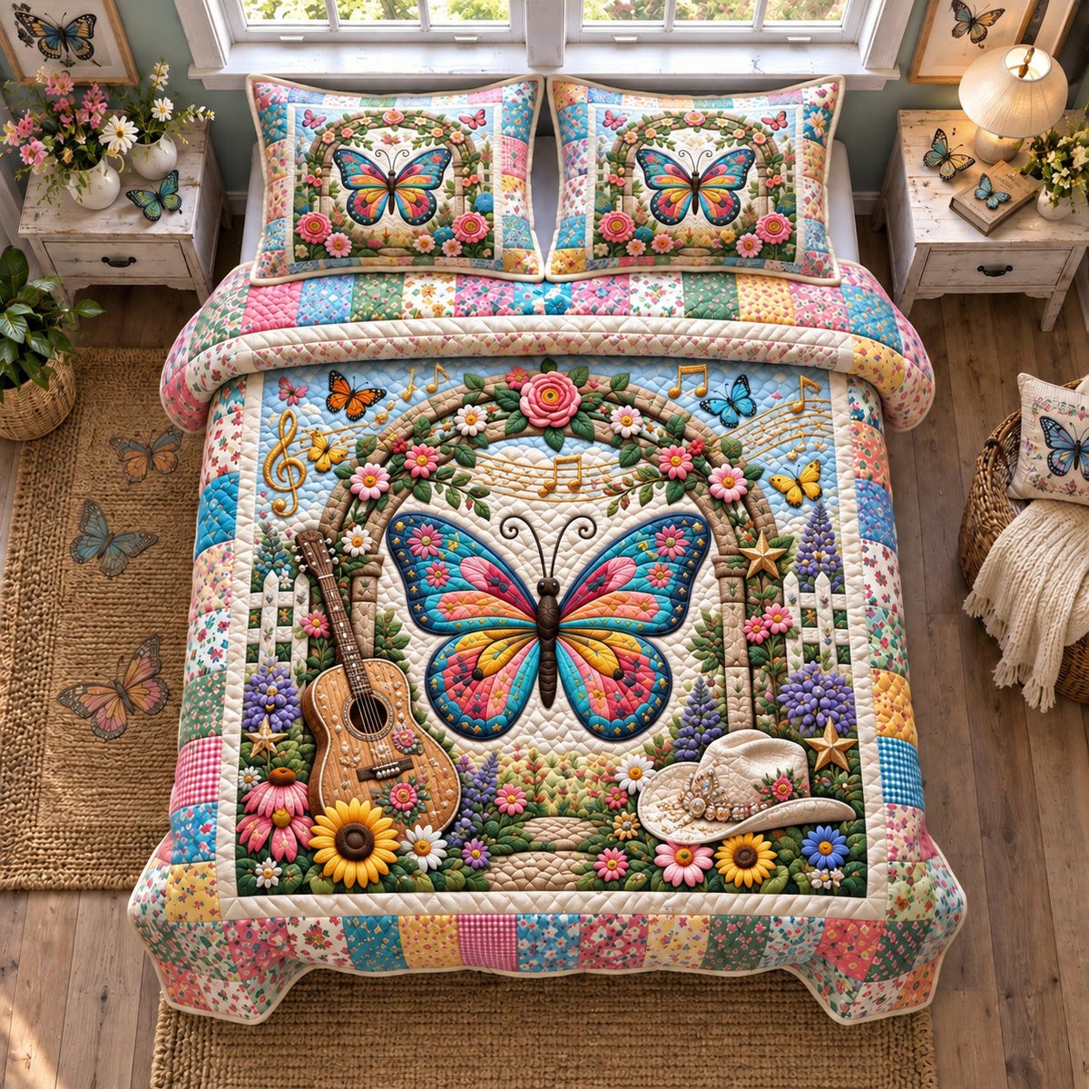 Butterfly Garden Melody 3 Piece Quilted Bedding Set Gift For Butterfly Lovers