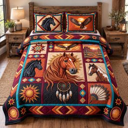 Tribal Horse Spirit 3 Piece Quilted Bedding Set Gift For Horse Lovers