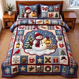 Snowman Patchwork 3 Piece Quilted Bedding Set Gift For Holiday Decor Lovers