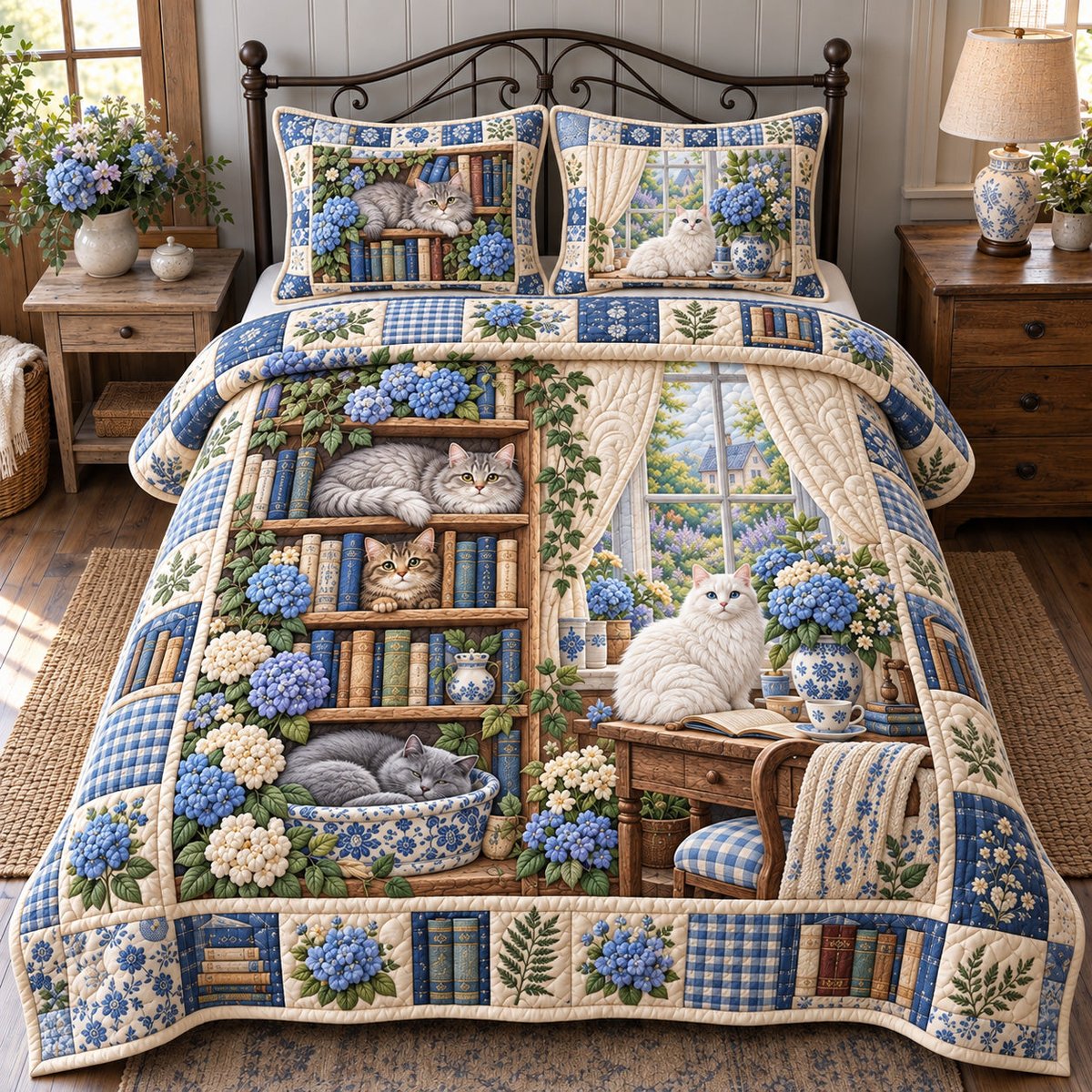 Blue Hydrangea Cats Library 3 Piece Quilted Bedding Set Gift For Cat Lovers