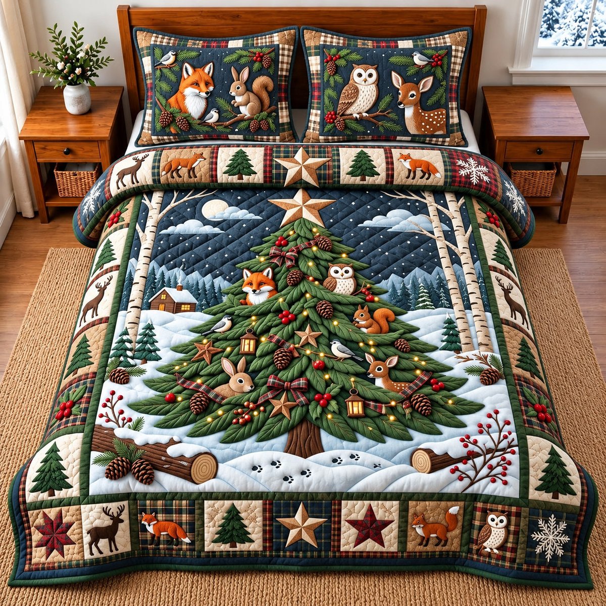 Woodland Tree 3 Piece Quilted Bedding Set Gift For Nature Lovers