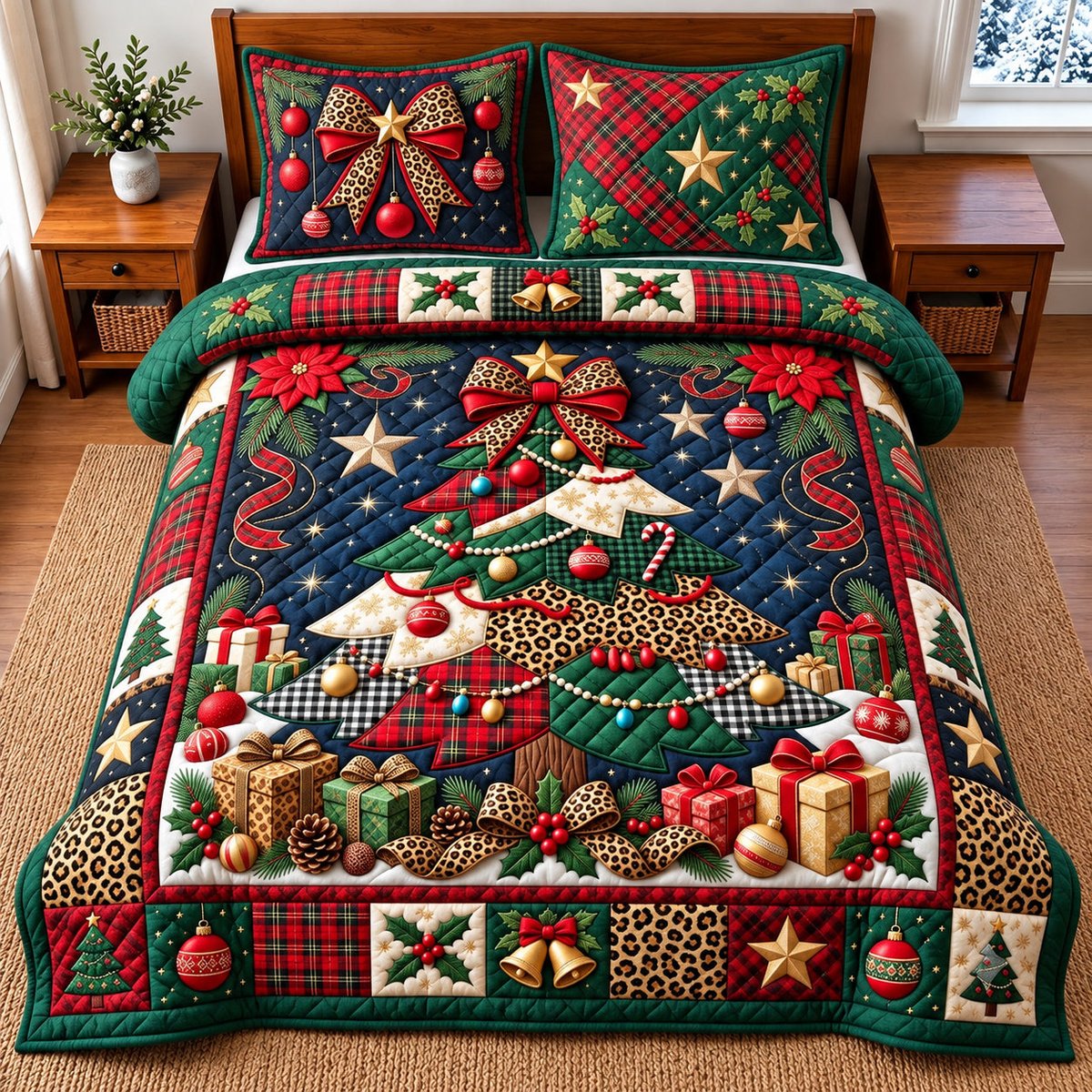Tree 3 Piece Quilted Bedding Set Christmas Gift For Holiday Decor Lovers
