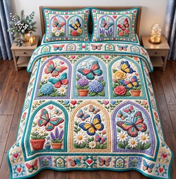 Butterfly Patchwork 3 Piece Quilted Bedding Set Gift For Butterfly Lovers