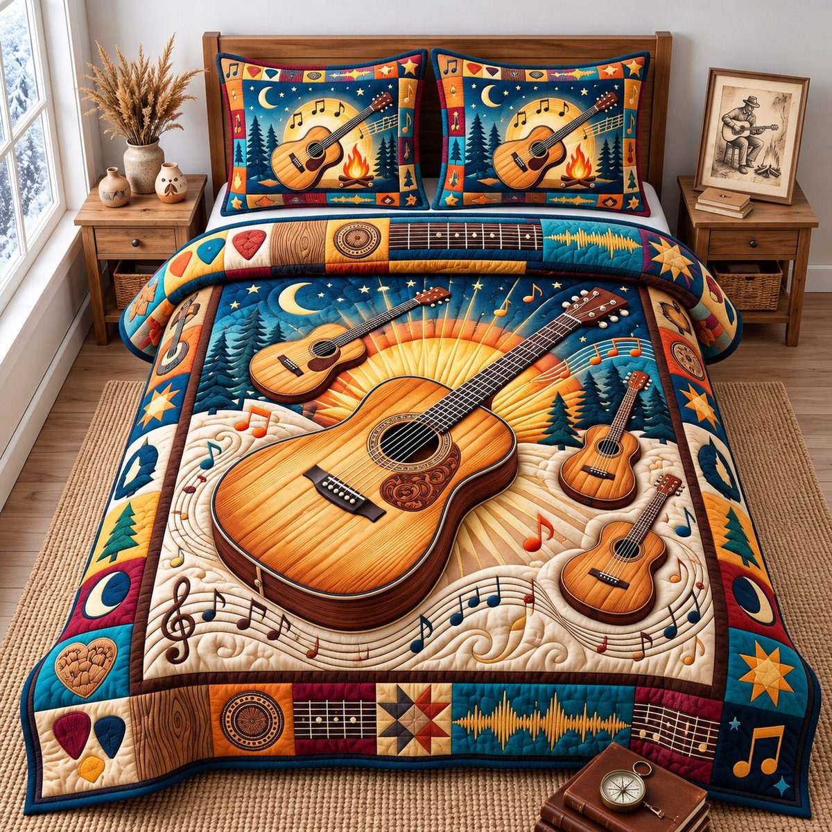 Guitar Lover 3 Piece Quilted Bedding Set Gift For Music Lovers