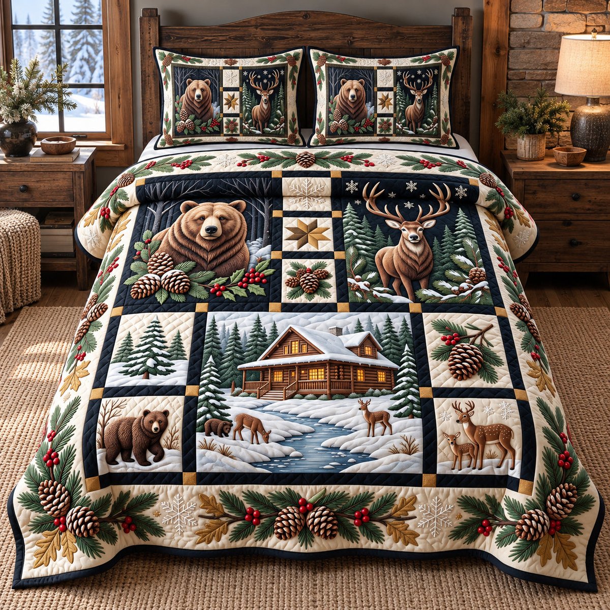 Winter Forest Patchwork 3 Piece Quilted Bedding Set Christmas Gift For Nature Lovers