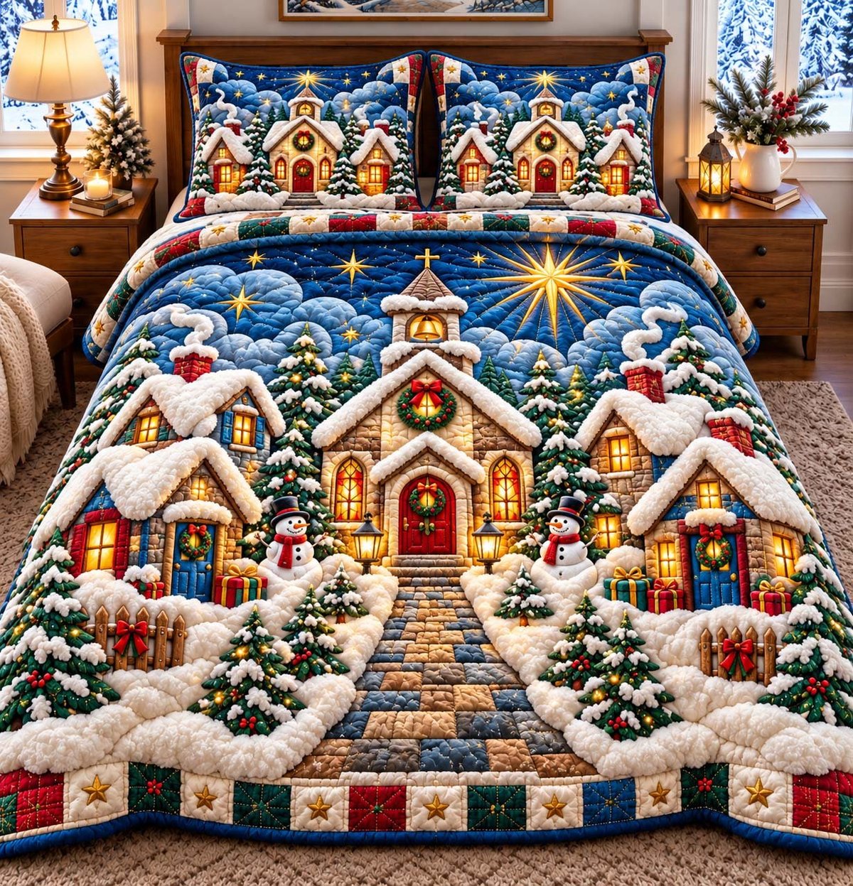 Chapel Village 3 Piece Quilted Bedding Set Christmas Gift For Holiday Decor Lovers