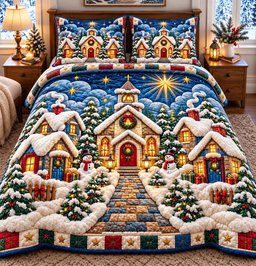 Chapel Village 3 Piece Quilted Bedding Set Christmas Gift For Holiday Decor Lovers