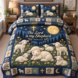 Shepherd Lambs at Night 3 Piece Quilted Bedding Set Gift For Christians