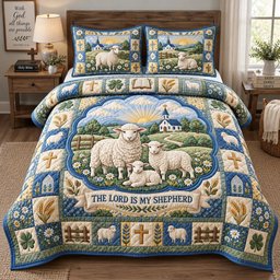 The Lord Is My Shepherd 3 Piece Quilted Bedding Set Gift For Christians