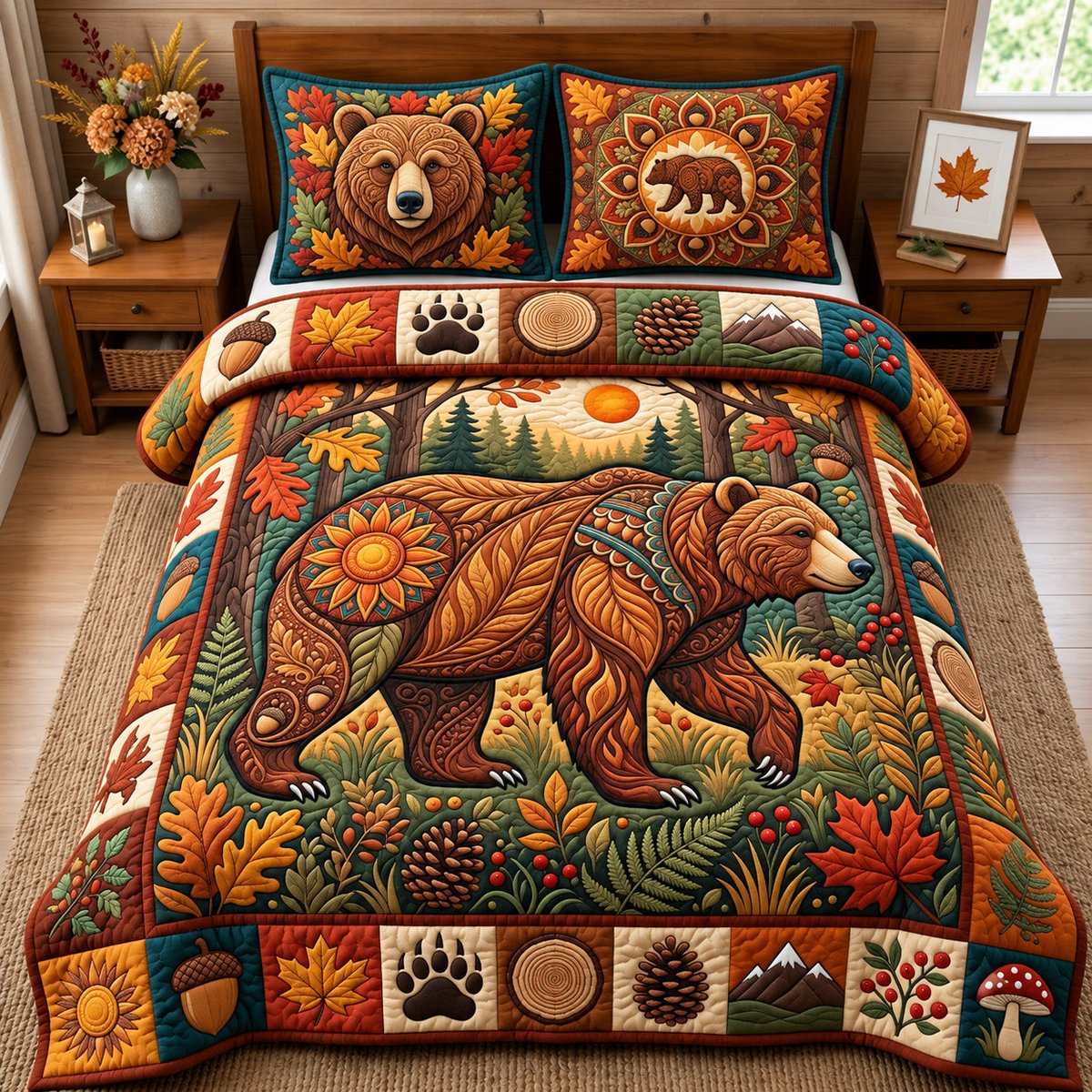 Autumn Boho Bear 3 Piece Quilted Bedding Set Gift For Bear Lovers