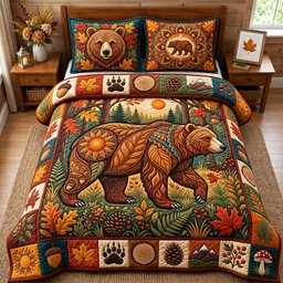 Autumn Boho Bear 3 Piece Quilted Bedding Set Gift For Bear Lovers