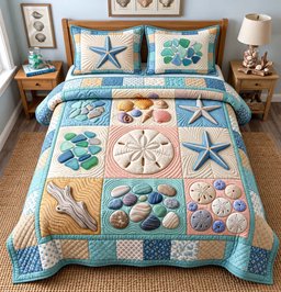 Coastal Treasures Patchwork Beach 3 Piece Quilted Bedding Set Gift For Beach Lovers
