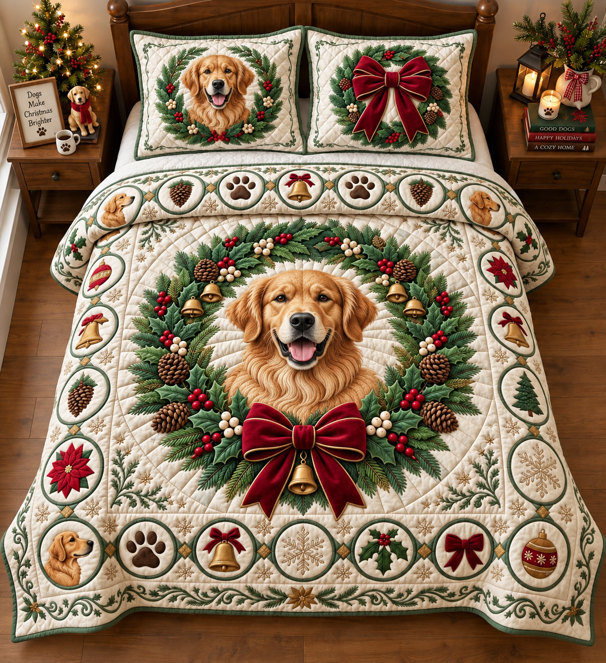Golden Wreath 3 Piece Quilted Bedding Set Christmas Gift For Holiday Decor Lovers