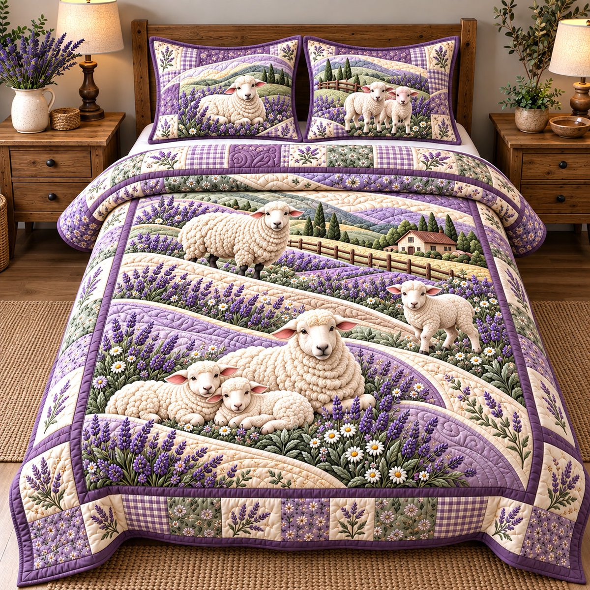 Lavender Dream Fleece 3 Piece Quilted Bedding Set Gift For Farmhouse Decor Lovers