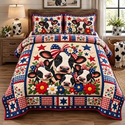 Patriotic Cow Family 3 Piece Quilted Bedding Set Gift For Cow Lovers