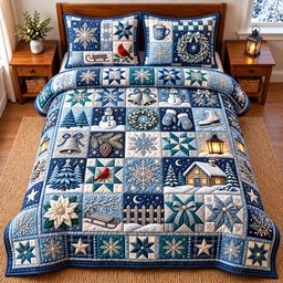 Winter Patchwork 3 Piece Quilted Bedding Set Christmas Gift For Holiday Decor Lovers